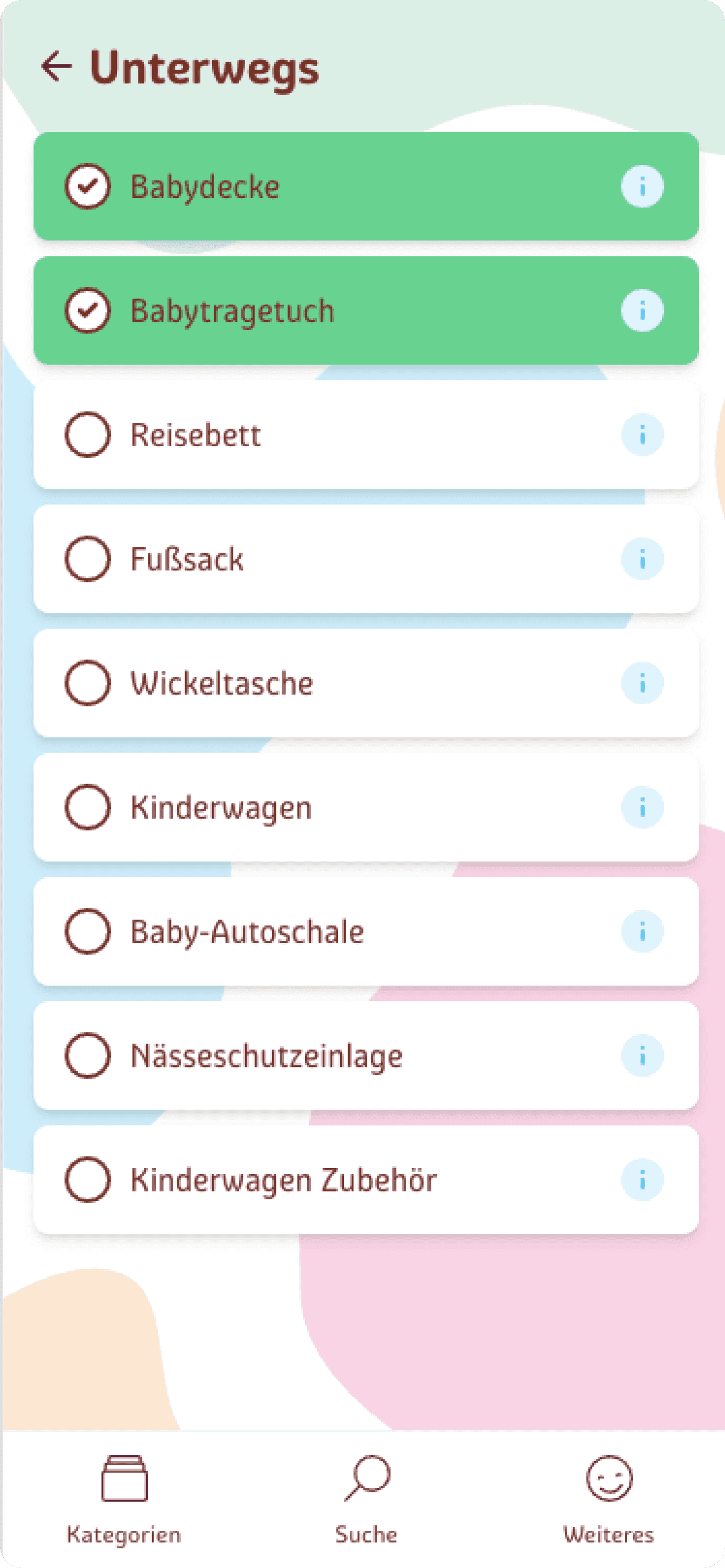 Erstausstattung App Screenshot: Kategorie Unterwegs mit abgehakten Artikeln