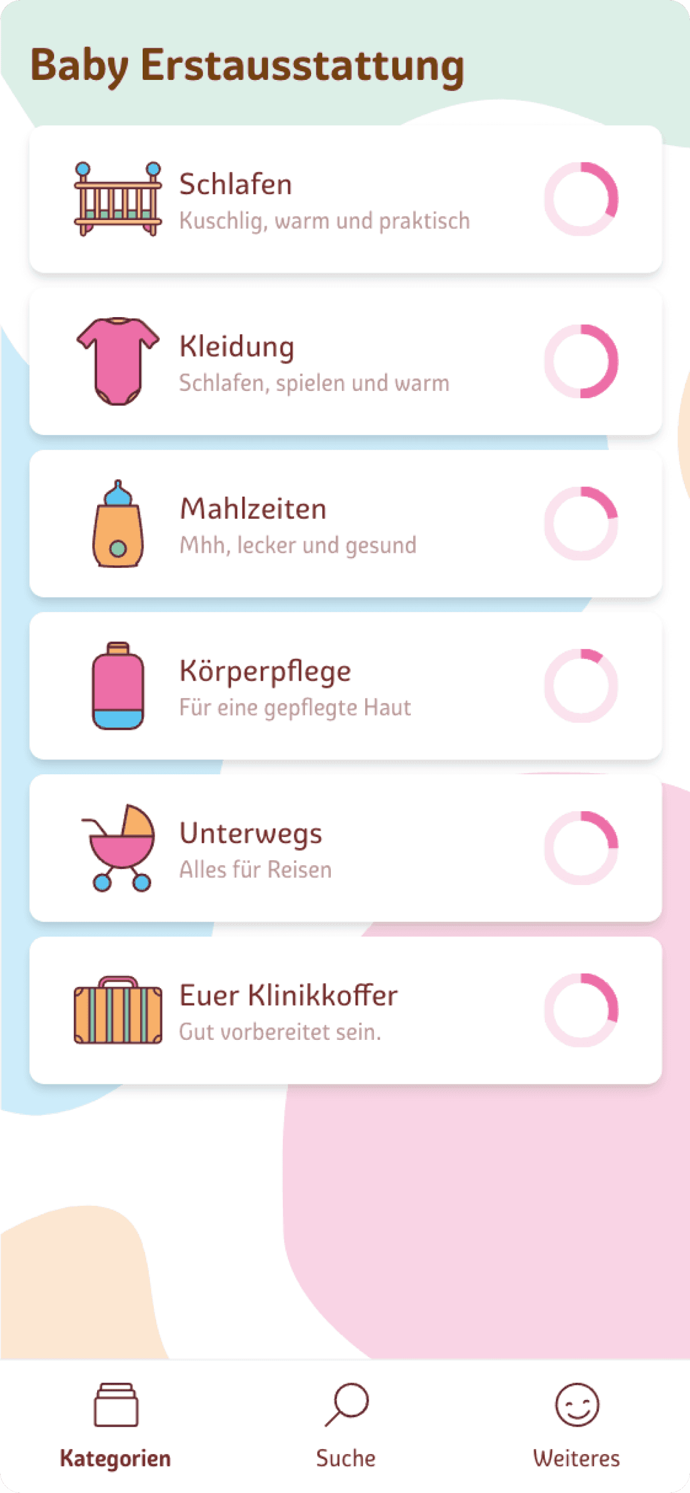 Erstausstattung App Screenshot: Übersicht aller Kategorien mit Fortschrittsanzeige