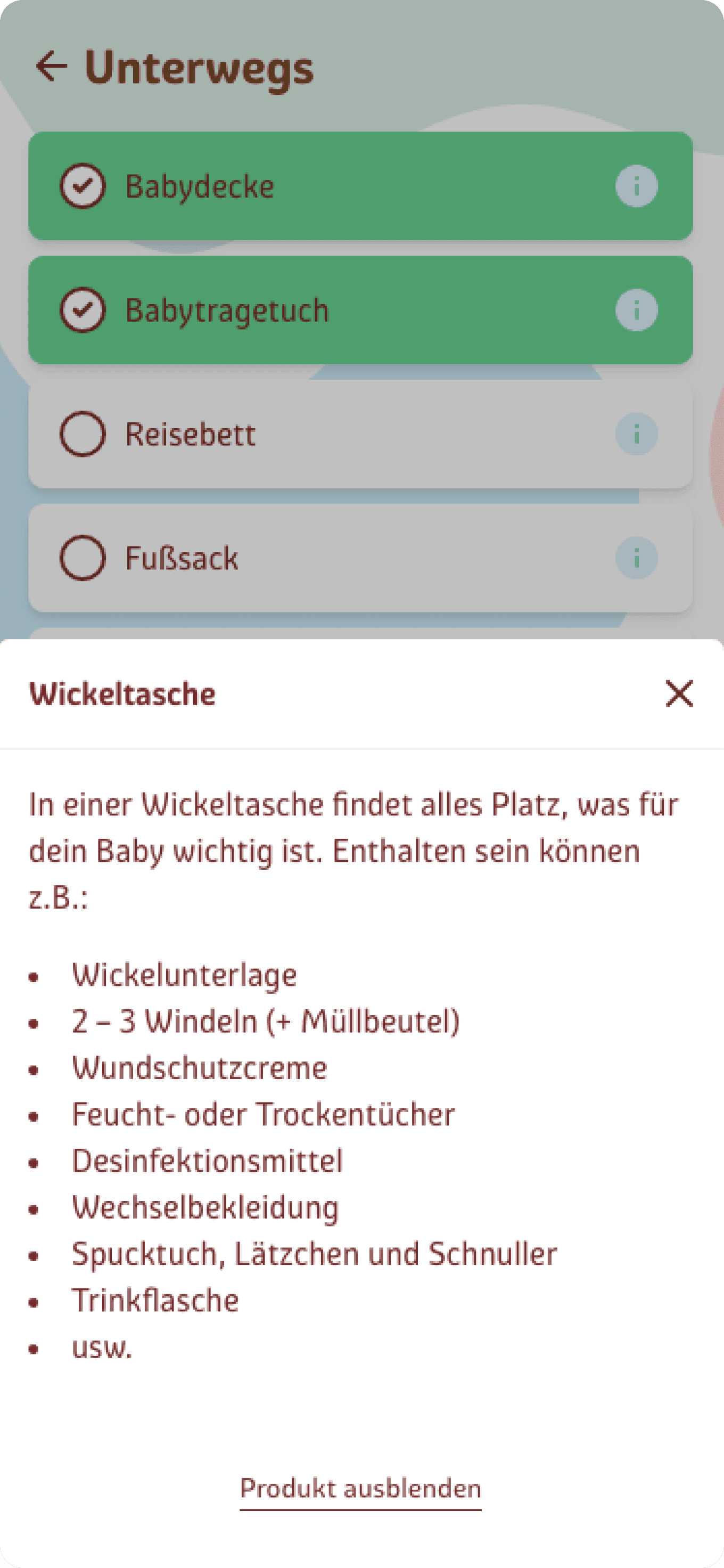Erstausstattung App Screenshot: weiterführende Informationen zur Wickeltasche