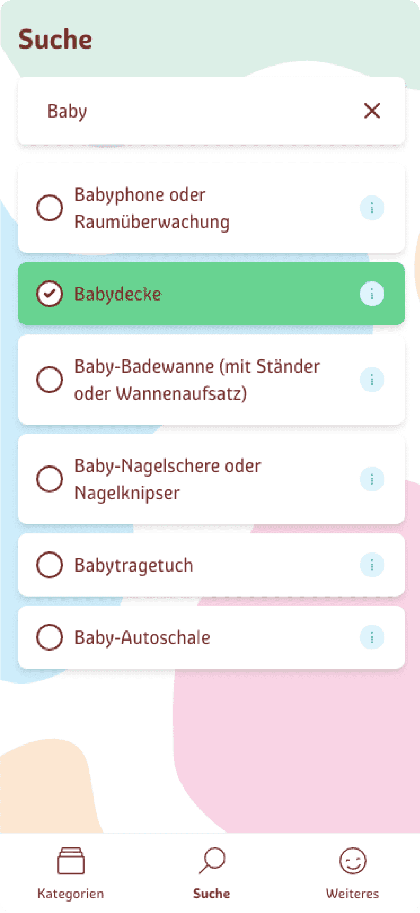 Erstausstattung App Screenshot: Suche nach Artikeln