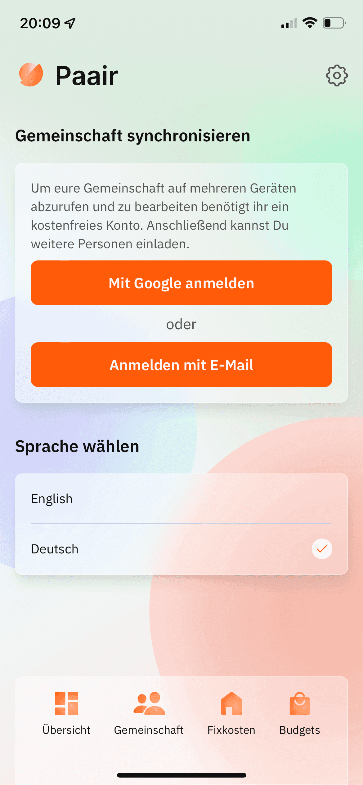 Paair Screenshot: Einstellungen, Anmelden und Sprache ändern