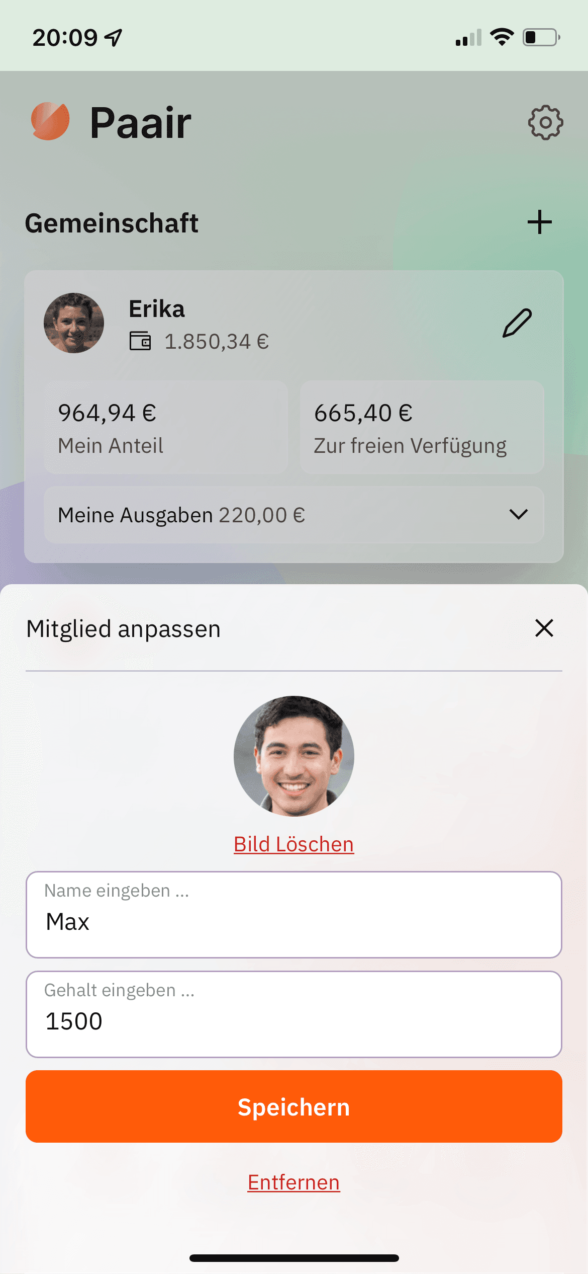 Paair Screenshot: Mitglied einer Gemeinschaft anlegen oder bearbeiten